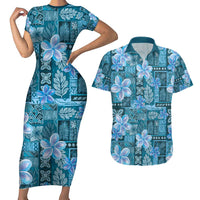 Cyan Hawaii Plumeria With Tropical Flowers Motifs Couples Matching Short Sleeve Bodycon Dress and Hawaiian Shirt