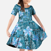 Cyan Hawaii Plumeria With Tropical Flowers Motifs Family Matching Puletasi and Hawaiian Shirt LT14 Daughter's Dress Cyan - Polynesian Pride