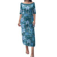 Cyan Hawaii Plumeria With Tropical Flowers Motifs Family Matching Puletasi and Hawaiian Shirt LT14 Mom's Dress Cyan - Polynesian Pride