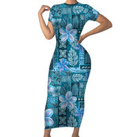 Cyan Hawaii Plumeria With Tropical Flowers Motifs Family Matching Short Sleeve Bodycon Dress and Hawaiian Shirt