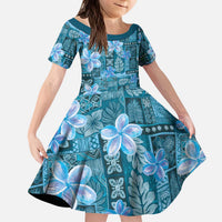 Cyan Hawaii Plumeria With Tropical Flowers Motifs Kid Short Sleeve Dress LT14 KID Cyan - Polynesian Pride