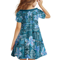 Cyan Hawaii Plumeria With Tropical Flowers Motifs Kid Short Sleeve Dress LT14 - Polynesian Pride