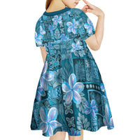 Cyan Hawaii Plumeria With Tropical Flowers Motifs Kid Short Sleeve Dress LT14 - Polynesian Pride