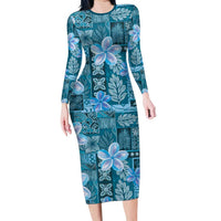 Cyan Hawaii Plumeria With Tropical Flowers Motifs Long Sleeve Bodycon Dress LT14 Long Dress Cyan - Polynesian Pride