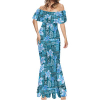 Cyan Hawaii Plumeria With Tropical Flowers Motifs Mermaid Dress LT14 - Polynesian Pride