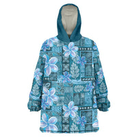 Cyan Hawaii Plumeria With Tropical Flowers Motifs Wearable Blanket Hoodie LT14 One Size Cyan - Polynesian Pride