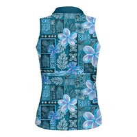 Cyan Hawaii Plumeria With Tropical Flowers Motifs Women Sleeveless Polo Shirt LT14 - Polynesian Pride