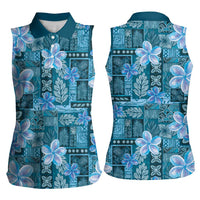 Cyan Hawaii Plumeria With Tropical Flowers Motifs Women Sleeveless Polo Shirt LT14 - Polynesian Pride