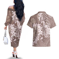 Polynesia Hammerhead Shark Tattoo With Plumeria Lei Couples Matching Off The Shoulder Long Sleeve Dress and Hawaiian Shirt LT14 - Polynesian Pride