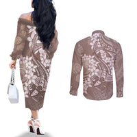 Polynesia Hammerhead Shark Tattoo With Plumeria Lei Couples Matching Off The Shoulder Long Sleeve Dress and Long Sleeve Button Shirt LT14 - Polynesian Pride