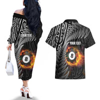 Personalised New Zealand Billiards Couples Matching Off The Shoulder Long Sleeve Dress and Hawaiian Shirt Maori Fern On Fire 8 Ball LT14 - Polynesian Pride