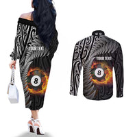 Personalised New Zealand Billiards Couples Matching Off The Shoulder Long Sleeve Dress and Long Sleeve Button Shirt Maori Fern On Fire 8 Ball LT14 - Polynesian Pride