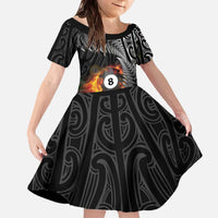 Personalised New Zealand Billiards Family Matching Off The Shoulder Long Sleeve Dress and Hawaiian Shirt Maori Fern On Fire 8 Ball LT14 Daughter's Dress Black - Polynesian Pride