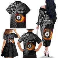 Personalised New Zealand Billiards Family Matching Off The Shoulder Long Sleeve Dress and Hawaiian Shirt Maori Fern On Fire 8 Ball LT14 - Polynesian Pride