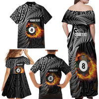 Personalised New Zealand Billiards Family Matching Off Shoulder Maxi Dress and Hawaiian Shirt Maori Fern On Fire 8 Ball LT14 - Polynesian Pride