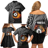 Personalised New Zealand Billiards Family Matching Off Shoulder Short Dress and Hawaiian Shirt Maori Fern On Fire 8 Ball LT14 - Polynesian Pride