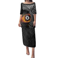Personalised New Zealand Billiards Family Matching Puletasi and Hawaiian Shirt Maori Fern On Fire 8 Ball LT14 Mom's Dress Black - Polynesian Pride