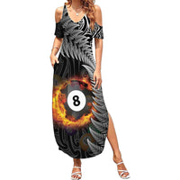 Personalised New Zealand Billiards Family Matching Summer Maxi Dress and Hawaiian Shirt Maori Fern On Fire 8 Ball LT14 Mom's Dress Black - Polynesian Pride