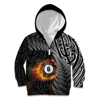 Personalised New Zealand Billiards Kid Hoodie Maori Fern On Fire 8 Ball LT14 Zip Hoodie Black - Polynesian Pride