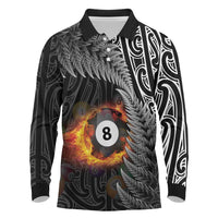 Personalised New Zealand Billiards Long Sleeve Polo Shirt Maori Fern On Fire 8 Ball LT14 Black - Polynesian Pride