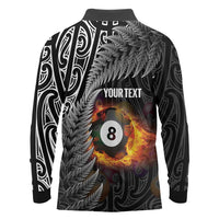 Personalised New Zealand Billiards Long Sleeve Polo Shirt Maori Fern On Fire 8 Ball LT14 - Polynesian Pride
