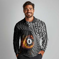 Personalised New Zealand Billiards Long Sleeve Polo Shirt Maori Fern On Fire 8 Ball LT14 - Polynesian Pride