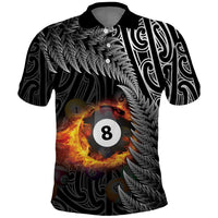 Personalised New Zealand Billiards Polo Shirt Maori Fern On Fire 8 Ball LT14 Black - Polynesian Pride