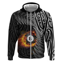 Personalised New Zealand Billiards Zip Hoodie Maori Fern On Fire 8 Ball LT14 Zip Hoodie Black - Polynesian Pride
