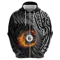 Personalised New Zealand Billiards Zip Hoodie Maori Fern On Fire 8 Ball LT14 - Polynesian Pride