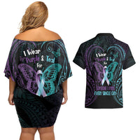 Suicide Awareness Memorial Couples Matching Off Shoulder Short Dress and Hawaiian Shirt I Wear Purple and Teal For Someone I Miss LT14 - Polynesian Pride