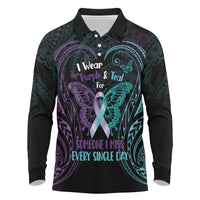 Suicide Awareness Memorial Long Sleeve Polo Shirt I Wear Purple and Teal For Someone I Miss LT14 Black - Polynesian Pride