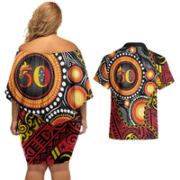Celebrating 50 Years Papua New Guinea Couples Matching Off Shoulder Short Dress and Hawaiian Shirt Aboriginal Mix Papuan Pattern LT14 - Polynesian Pride
