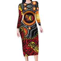 Celebrating 50 Years Papua New Guinea Family Matching Long Sleeve Bodycon Dress and Hawaiian Shirt Aboriginal Mix Papuan Pattern LT14 Mom's Dress Red - Polynesian Pride