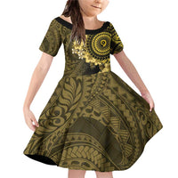 Vanuatu Family Matching Off Shoulder Short Dress and Hawaiian Shirt Hibisus Polynesian Pattern Gold LT14 Daughter's Dress Gold - Polynesian Pride