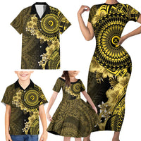 Vanuatu Family Matching Short Sleeve Bodycon Dress and Hawaiian Shirt Hibisus Polynesian Pattern Gold LT14 - Polynesian Pride