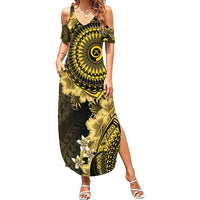 Vanuatu Family Matching Summer Maxi Dress and Hawaiian Shirt Hibisus Polynesian Pattern Gold LT14 Mom's Dress Gold - Polynesian Pride