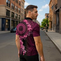 Vanuatu Zipper Polo Shirt Hibisus Polynesian Pattern Pink - Polynesian Pride