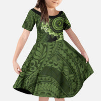 Vanuatu Family Matching Off The Shoulder Long Sleeve Dress and Hawaiian Shirt Hibisus Polynesian Pattern Green LT14 Daughter's Dress Green - Polynesian Pride