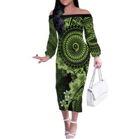 Vanuatu Family Matching Off The Shoulder Long Sleeve Dress and Hawaiian Shirt Hibisus Polynesian Pattern Green LT14 Mom's Dress Green - Polynesian Pride