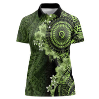 Vanuatu Women Polo Shirt Hibisus Polynesian Pattern Green - Polynesian Pride