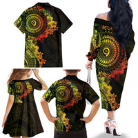 Vanuatu Family Matching Off The Shoulder Long Sleeve Dress and Hawaiian Shirt Hibisus Polynesian Pattern Reggae LT14 - Polynesian Pride