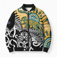 New Zealand Australia Rugby Custom Bomber Puffer Jacket Wallabies Aboriginal All Black Maori Tiki Together - Polynesian Pride