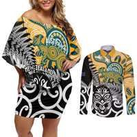 New Zealand Australia Rugby Custom Couples Matching Off Shoulder Short Dress and Long Sleeve Button Shirt Wallabies Aboriginal All Black Maori Tiki Together LT14 Black - Polynesian Pride