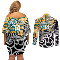 New Zealand Australia Rugby Custom Couples Matching Off Shoulder Short Dress and Long Sleeve Button Shirt Wallabies Aboriginal All Black Maori Tiki Together LT14 - Polynesian Pride