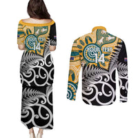 New Zealand Australia Rugby Custom Couples Matching Puletasi and Long Sleeve Button Shirt Wallabies Aboriginal All Black Maori Tiki Together - Polynesian Pride