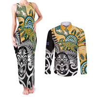 New Zealand Australia Rugby Custom Couples Matching Tank Maxi Dress and Long Sleeve Button Shirt Wallabies Aboriginal All Black Maori Tiki Together - Polynesian Pride