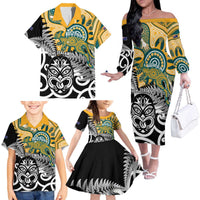 New Zealand Australia Rugby Custom Family Matching Off The Shoulder Long Sleeve Dress and Hawaiian Shirt Wallabies Aboriginal All Black Maori Tiki Together LT14 - Polynesian Pride
