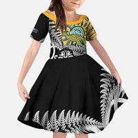 New Zealand Australia Rugby Custom Family Matching Summer Maxi Dress and Hawaiian Shirt Wallabies Aboriginal All Black Maori Tiki Together LT14 Daughter's Dress Black - Polynesian Pride