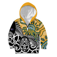 New Zealand Australia Rugby Custom Kid Hoodie Wallabies Aboriginal All Black Maori Tiki Together LT14 Zip Hoodie Black - Polynesian Pride