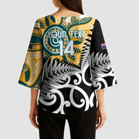 New Zealand Australia Rugby Custom Kimono Sleeve Blouse Wallabies Aboriginal All Black Maori Tiki Together LT14 - Polynesian Pride
